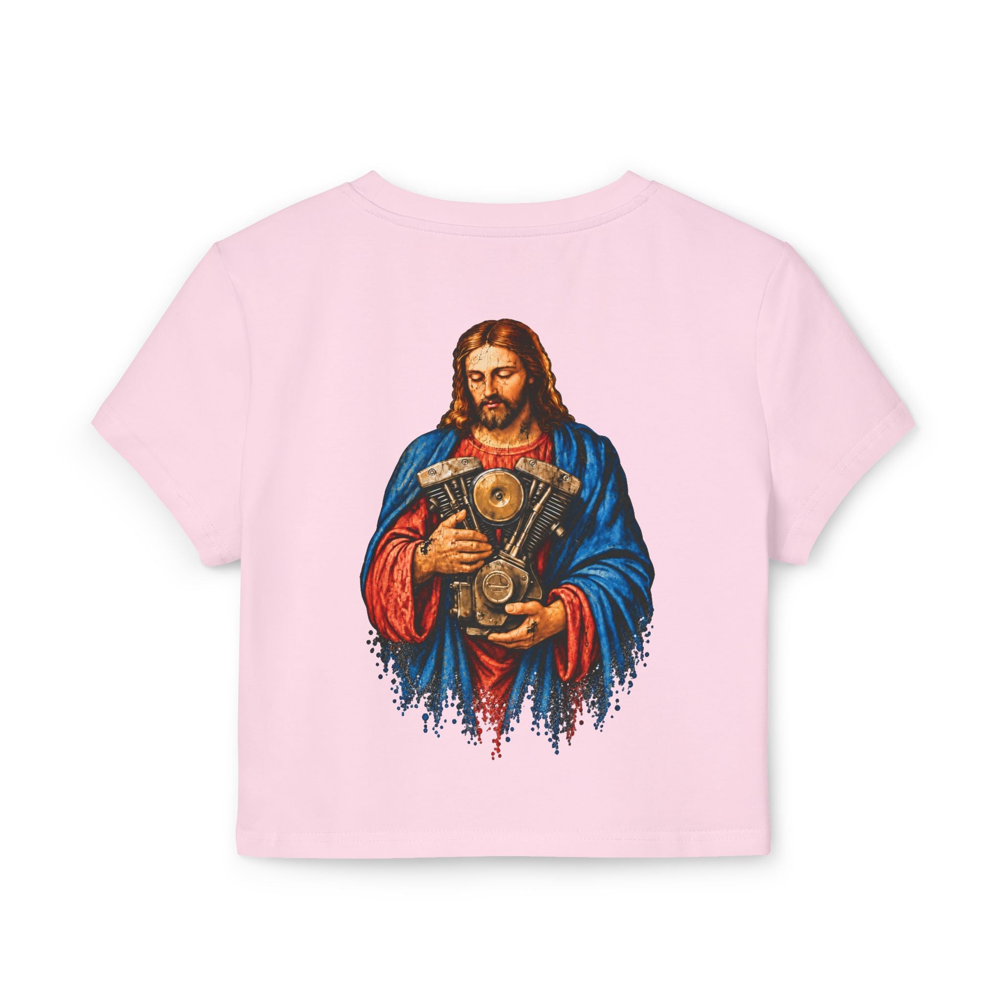 Women's Baby Tee — 'The Chrome Link' Retro Jesus with Engine Graphic Crop Top