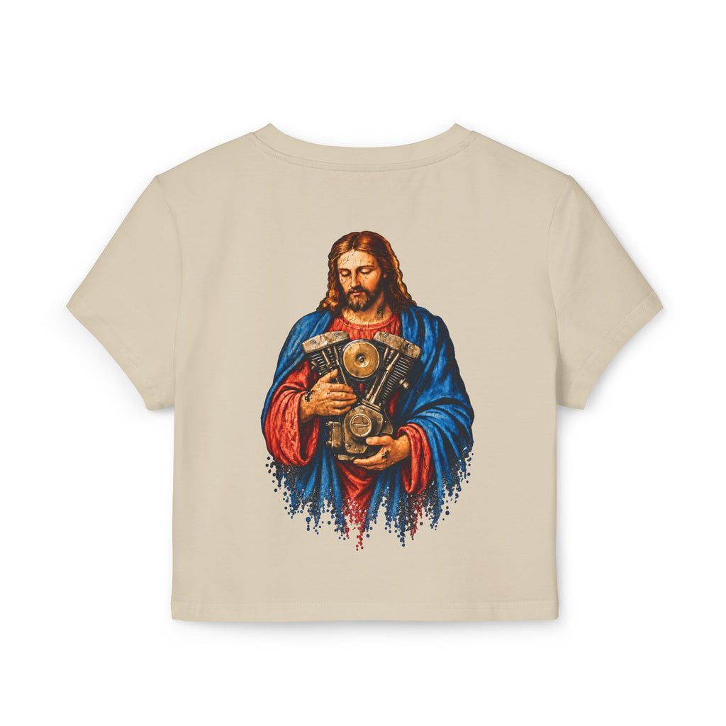 Women's Baby Tee — 'The Chrome Link' Retro Jesus with Engine Graphic Crop Top
