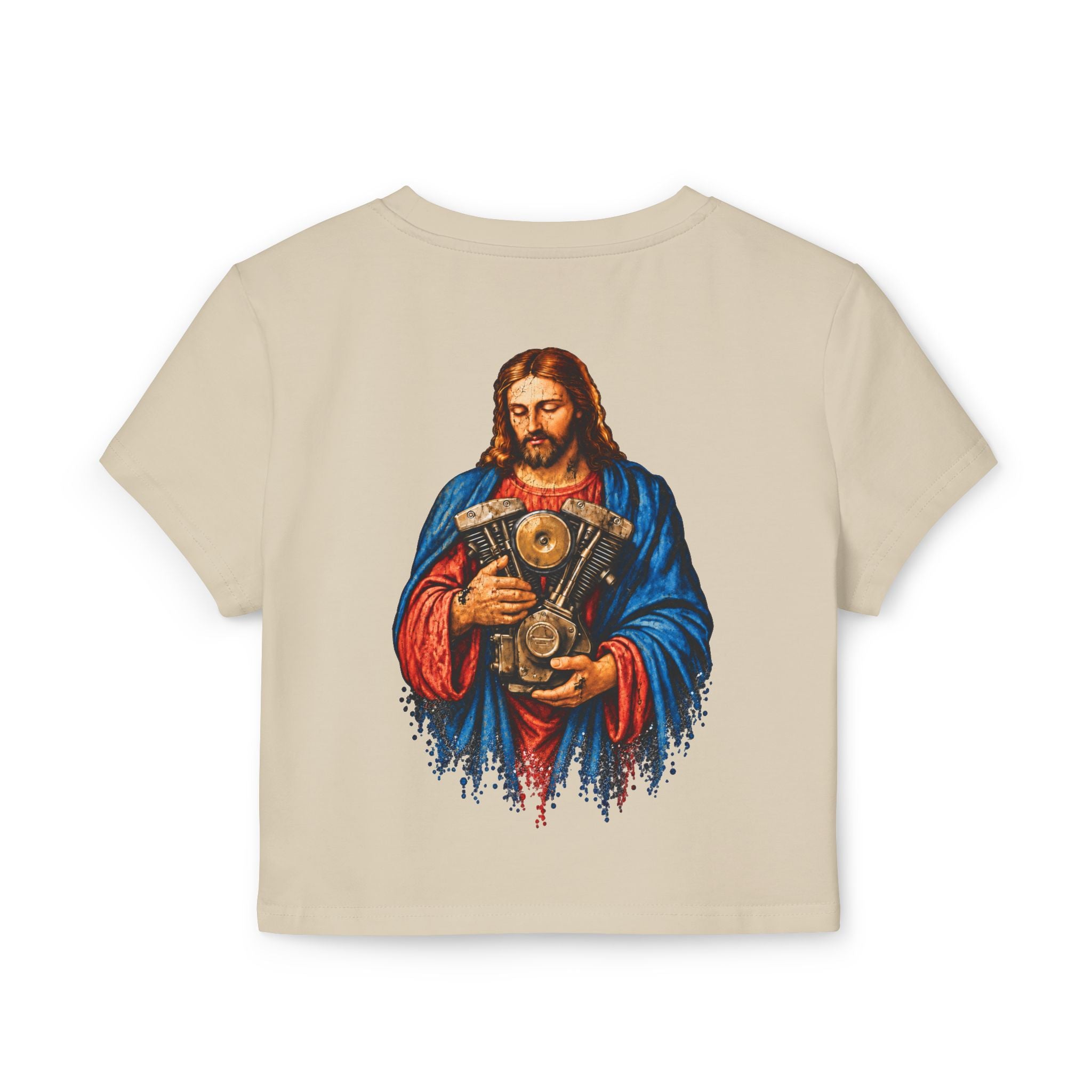 Women's Baby Tee — 'The Chrome Link' Retro Jesus with Engine Graphic Crop Top