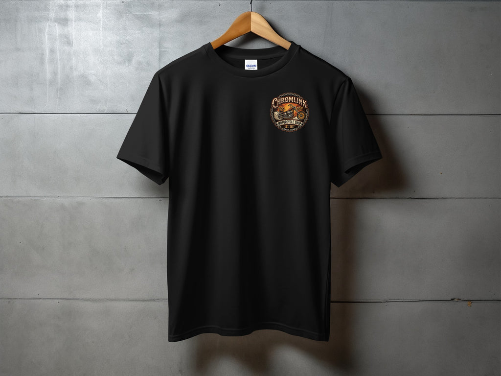 Black t-shirt with round "Chromlink Motorcycle Shop Est. 1977" logo featuring a motorcycle.