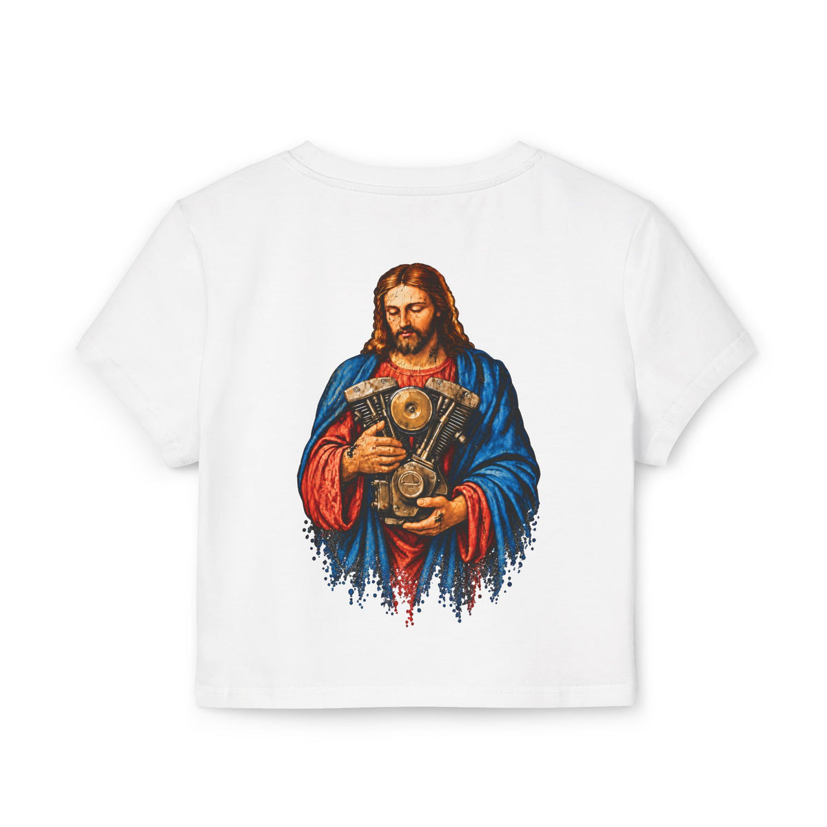 Women's Baby Tee — 'The Chrome Link' Retro Jesus with Engine Graphic Crop Top
