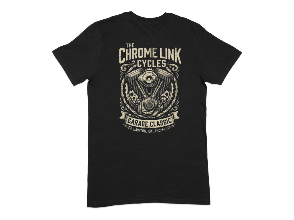 Black t-shirt with "The Chrome Link Cycles Garage Classic Lawton, Oklahoma" and motorcycle engine graphic.