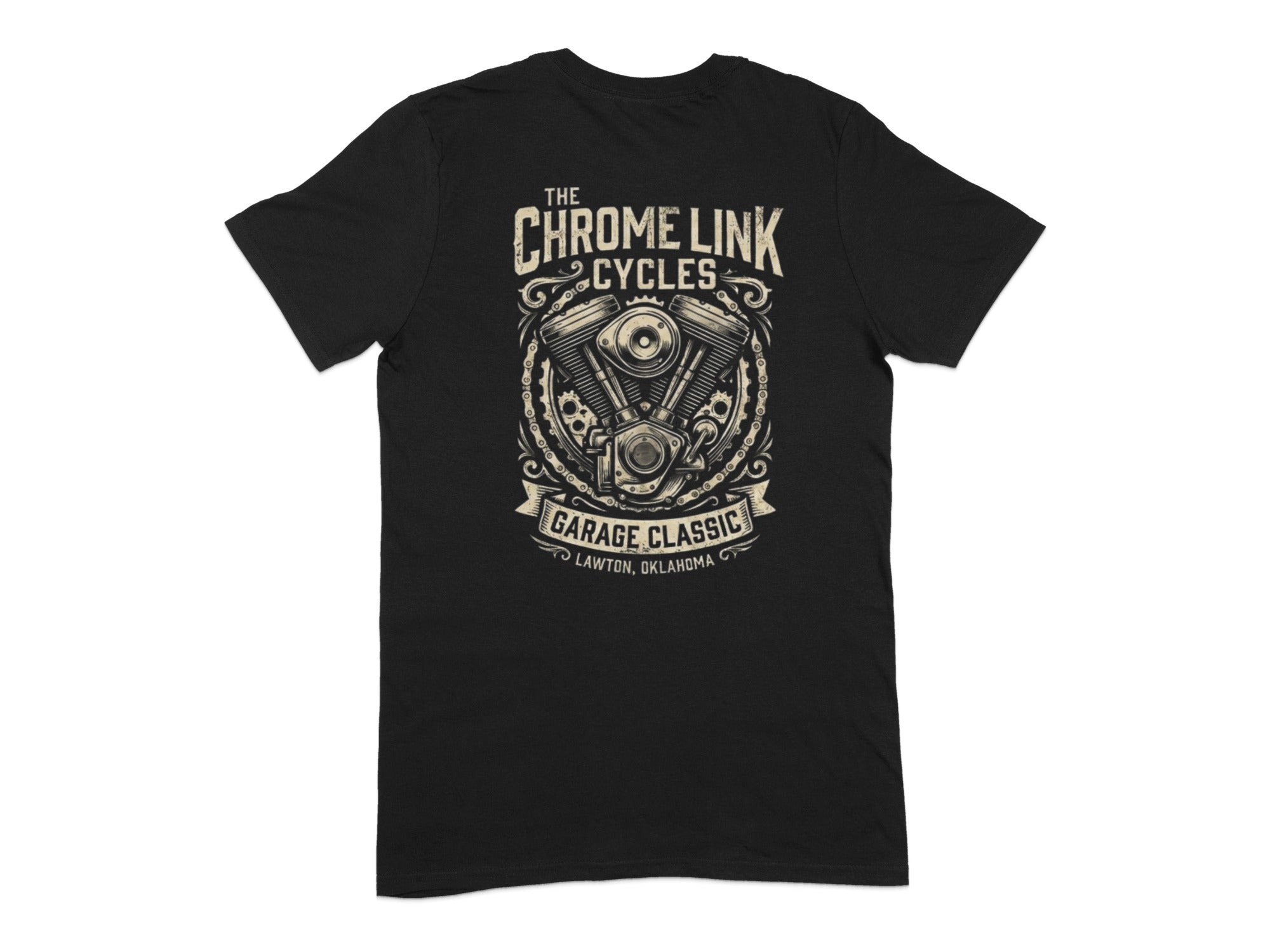 Black t-shirt with "The Chrome Link Cycles Garage Classic Lawton, Oklahoma" and motorcycle engine graphic.