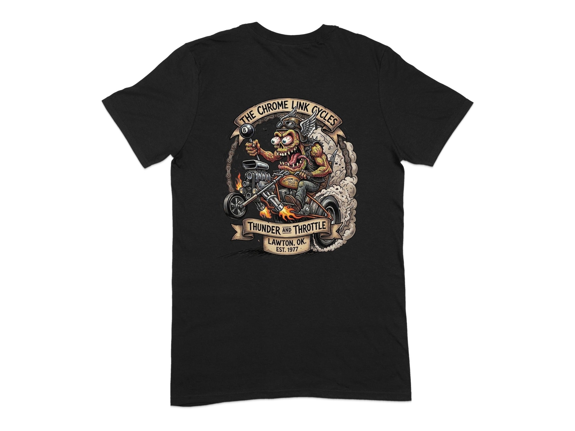 Black t-shirt with "The Chrome Link Cycles" logo featuring a monster on a motorcycle.