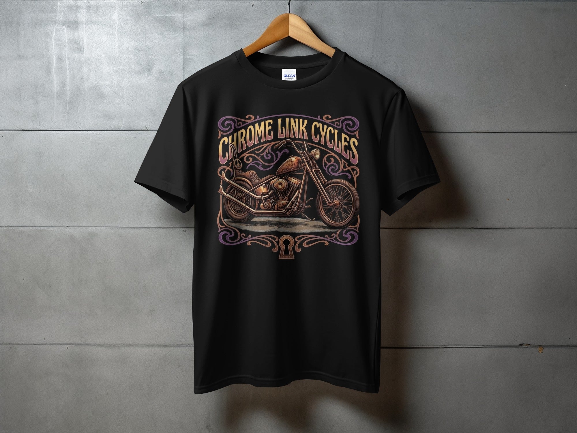 Black t-shirt with "Chrome Link Cycles" text and a vintage motorcycle graphic.
