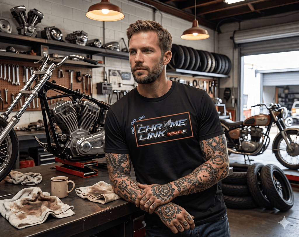 New Logo Shirts! Black and White Options - The Chrome Link Cycles