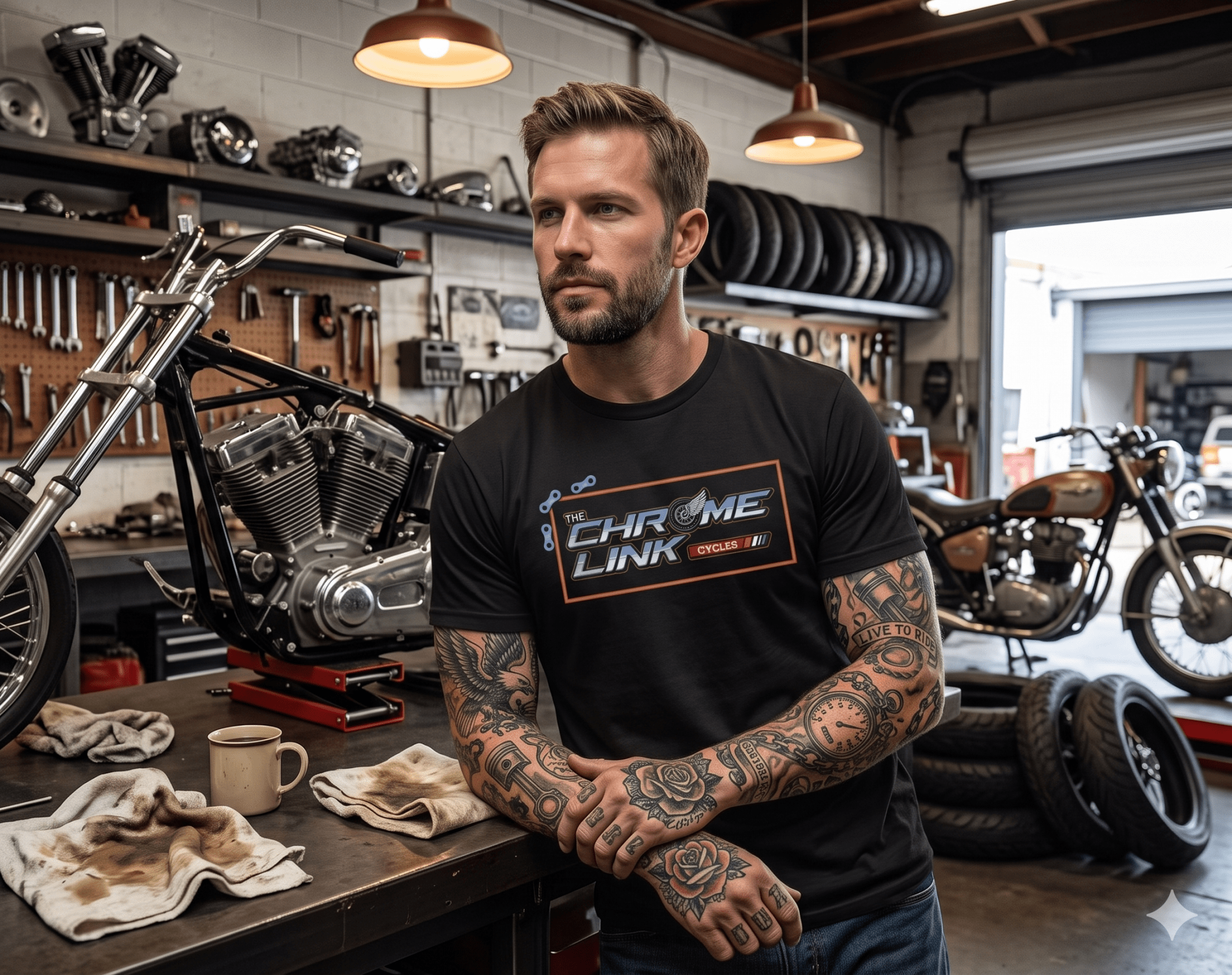New Logo Shirts! Black and White Options - The Chrome Link Cycles